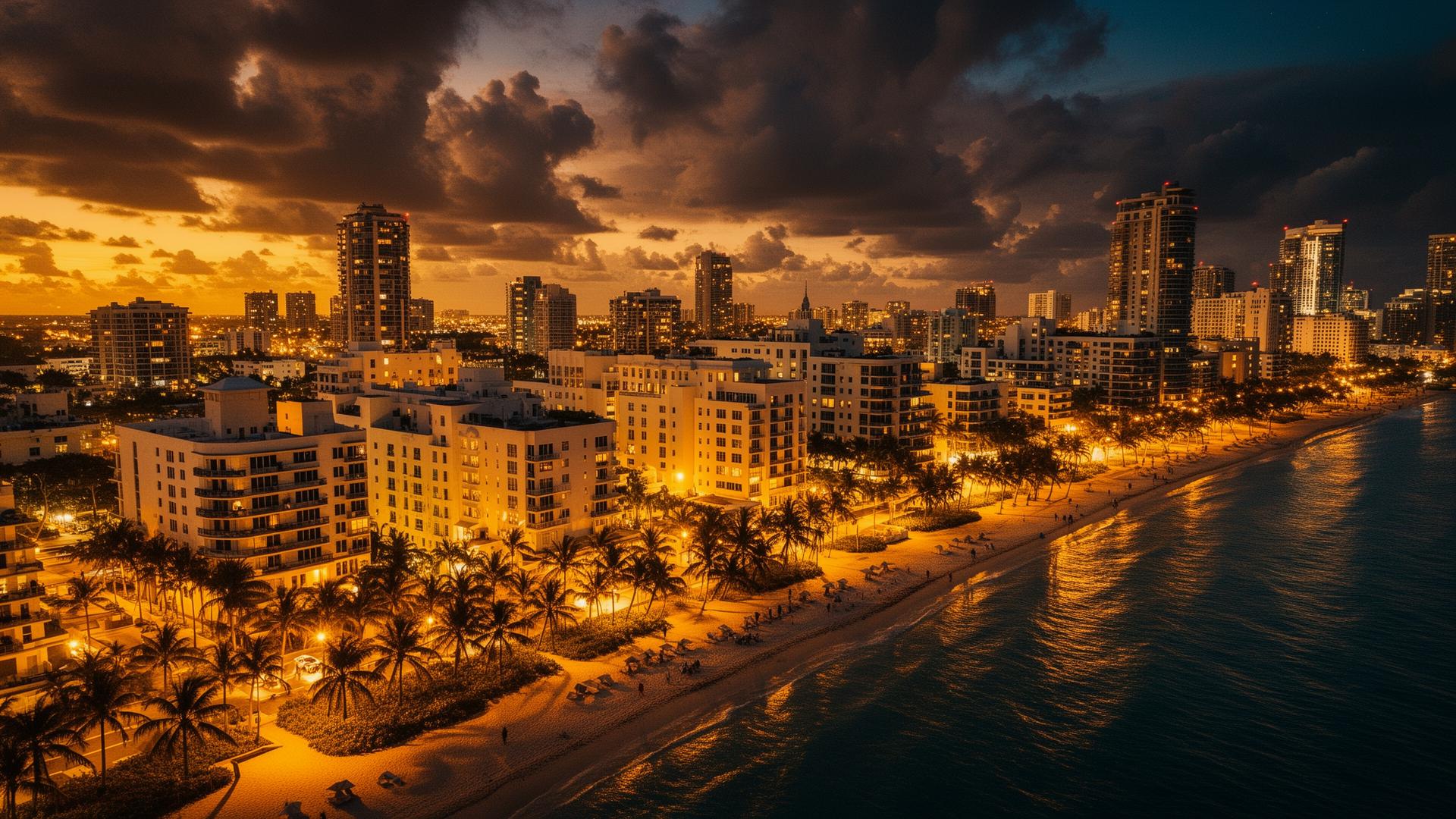 Miami Beach skyline at golden hour