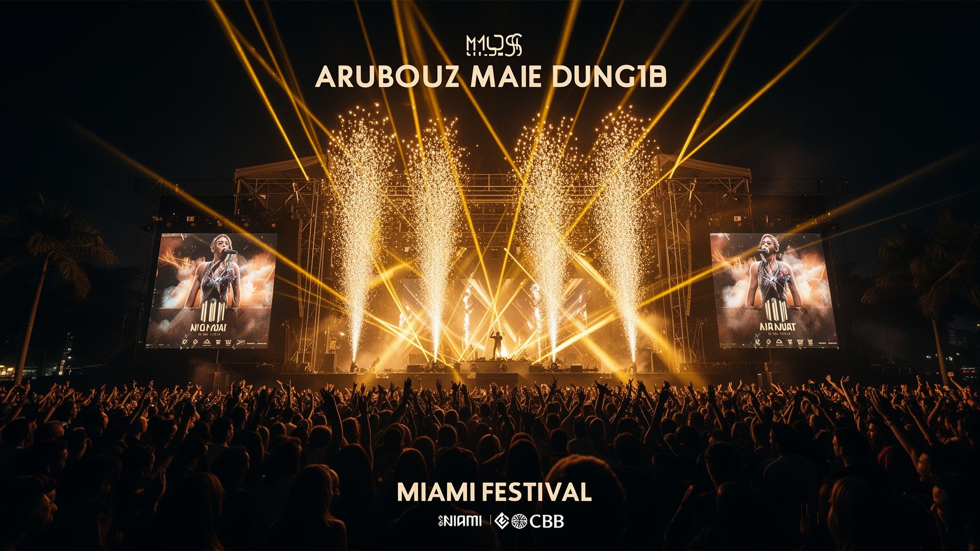 Miami Festival main stage with golden pyrotechnics
