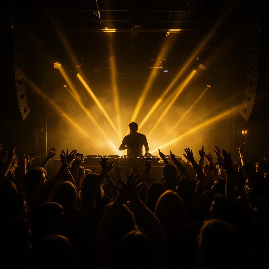 DJ performing with golden stage lights and energetic crowd