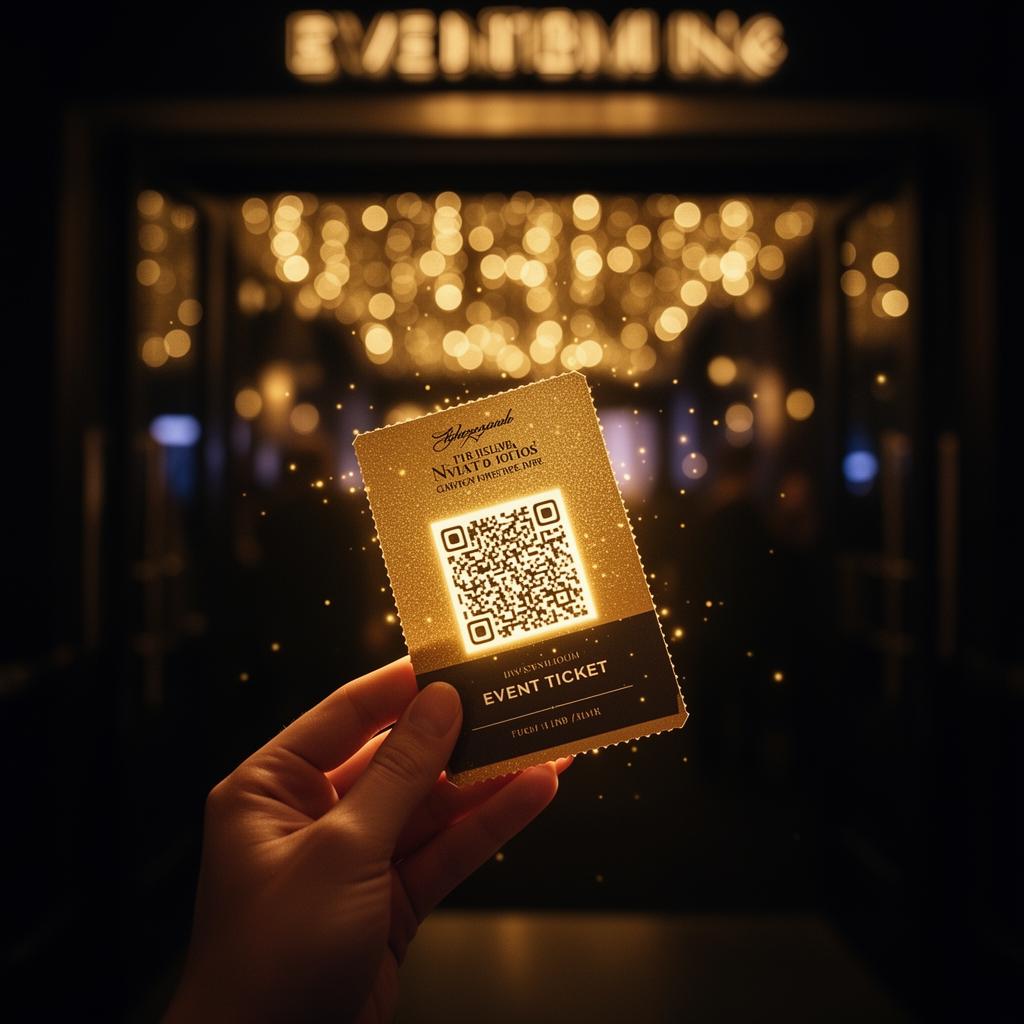 Golden event ticket with QR code at venue entrance